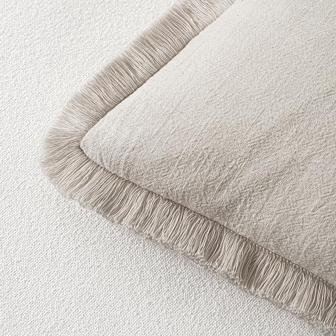 MIULEE Decorative Throw Pillow Covers Neutral Linen Fringe Throw Pillows Euro Shams Set of 2 Natural Beige Boho Farmhouse Cushion Covers for Couch Sofa Bed Living Room Spring Home Decor 24x24 Inch