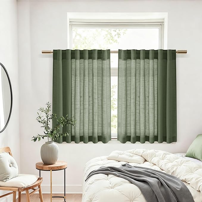 Nanspring Olive Green Linen Curtains 24 Inch Length for Kitchen Small Windows Light Filtering Panels Back Tab and Rod Pocket Drapes for Cafe/Small Curtains, 30 x 24 Inch,2 Panels