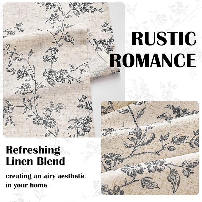 Lazzzy Farmhouse Linen Curtains Black Floral Curtains 63 Inch Length Back Tab Drapes for Living Room Bedroom Light Filtering Country Vintage Rod Pocket, 2 Panels, Black on Beige