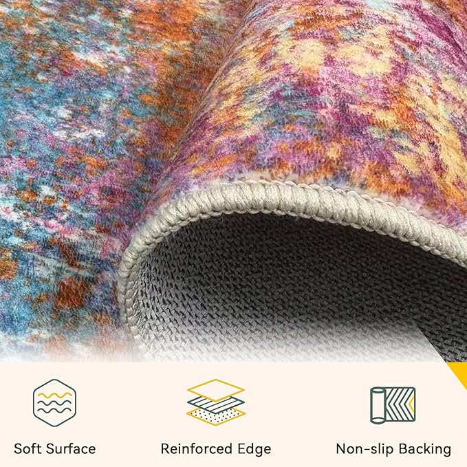 Washable Area Rugs 2'x6' Non-Slip Modern Abstract Soft for Living Room Entryway Bedroom Nursery, Print Pattern, Orange Blue Pink Yellow Colorful