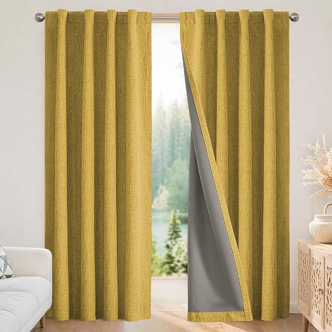 Joydeco Blackout Curtains for Bedroom - 100% Light Blocking 2 Panels Set Yellow Drapes 42" W x 90" L, Thermal Insulated Room Darkening Curtains, Linen Textured for Living Room, Rod Pocket & Back Tabs