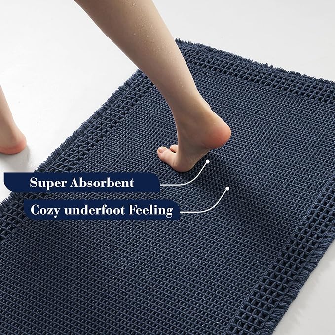 RESARE Waffle Bath Mat, Super Absorbent Non Slip, Machine Washable, Ultra Soft Boho Bath Rugs with Tassels, Upgraded Bordered Design, 17"x24" Navy