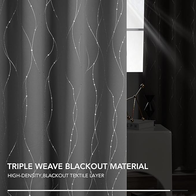 Deconovo Kitchen Curtains, Short Blackout Drapes 42 x 54 Inch, Thermal Insulated Soundproof Grommet Drape, Silver Wave Dots Foil Print Curtain for Small Windows, Living Room, Light Grey, Set of 2