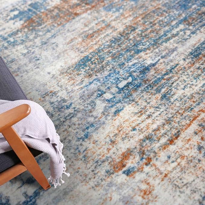 IOHOUZE Abstract Runner Rug 2x12 Ft Washable Runners for Hallways, Non Slip Kitchen Runner Printed Faux Wool Entryway Runner Indoor, Modern Abstract Floor Carpet for Hall Kitchen, Blue Rust