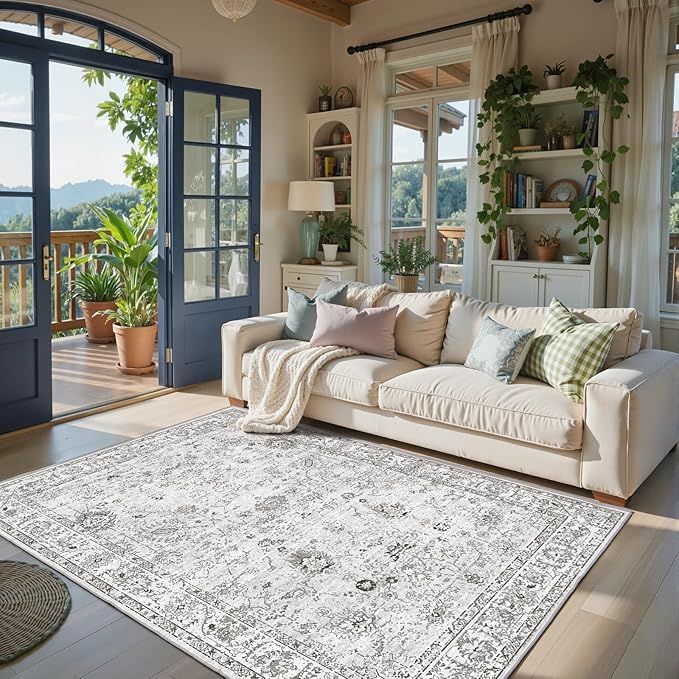 Grey White Area Rugs 5x8 for Living Room Bedroom, Non-Slip Washable Rugs Stain Resistant Boho Rug Low Pile Rug for ‎Dining Room Office (5 x8, Grey White)
