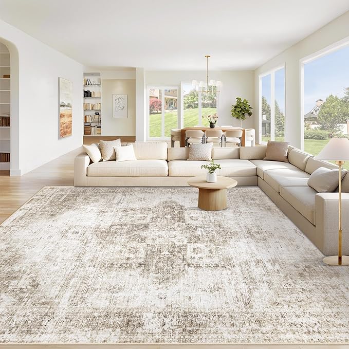 Area Rug 8x10 Washable Rug, Vintage Boho Medallion Rugs Non-Slip Soft Low Pile Large Distressed Rug Indoor Retro Carpet for Living Room Bedroom Dining Room Home Office (Taupe, 8'x10')