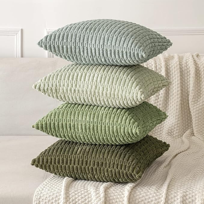 MIULEE Pack of 2 Spring Corduroy Decorative Throw Pillow Covers 18x18 Inch Soft Boho Striped Pillow Covers Modern Farmhouse Home Decor for Summer Sofa Living Room Couch Bed Olive Green