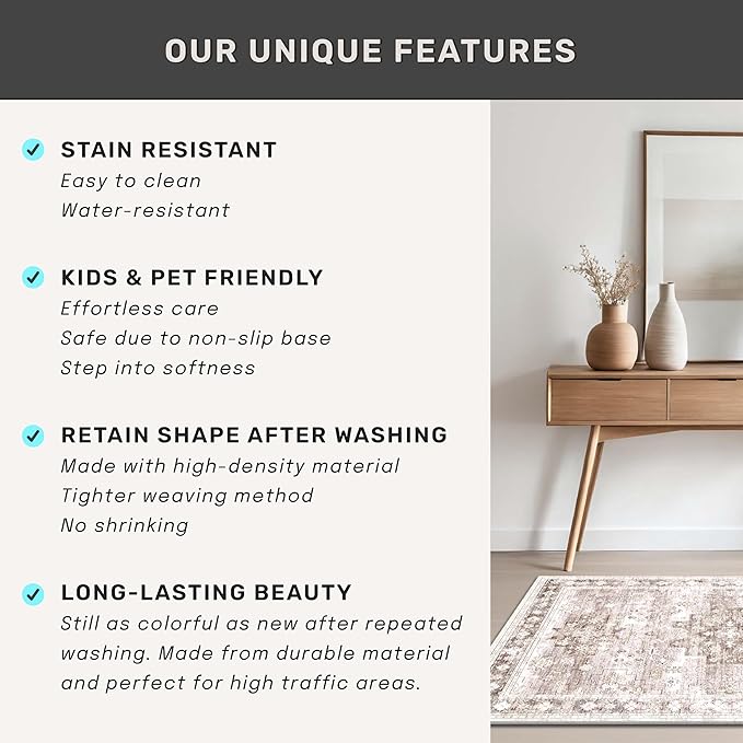 Beige Washable 2'6"x10' Extra Long Runner Rugs for Hallways, Non Slip Indoor Floor Mats for Entryway, Stain Resistant Long Floor Rug, Neutral Boho Floral Decor (2'6"x10' Beige/Latte)