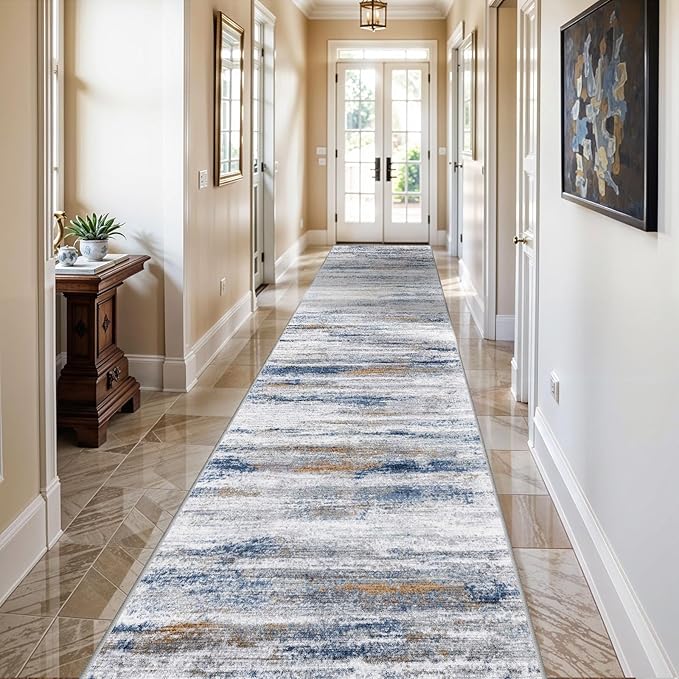 Washable Hallway Runner Rug for Home: Extra Long Runners for Entryway Living Room Dining Room - Stain and Water Resistant Rugs with Non-Slip Backing - Soft Low-Pile Carpet 2'6''x12' Navy Grey