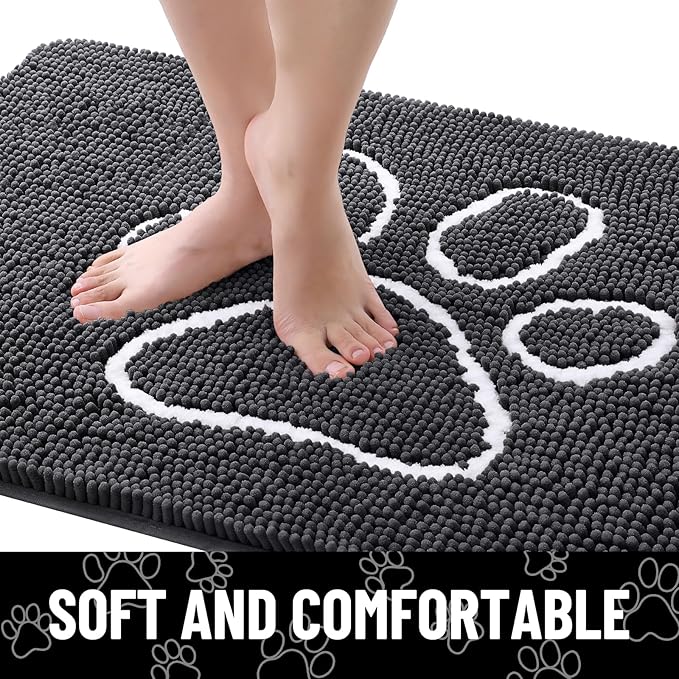Smiry Dog Door Mat for Muddy Paws, Absorbent Dirt Trapper Non Slip Quick Dry Washable Chenille Mat for Mud Dogs, Entry Rug for Indoor and Outdoor (70x35 Inches, Dark Grey and White)