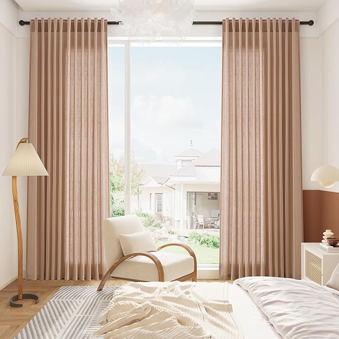 Nanspring Peach Linen Curtains 84 inches Long for Living Room Back Tab Luxury Light Filtering Privacy Sheer Curtain Modern Farmhouse Decor Boho Cotton Textured Gauze Drapes for Bedroom 2 Panels
