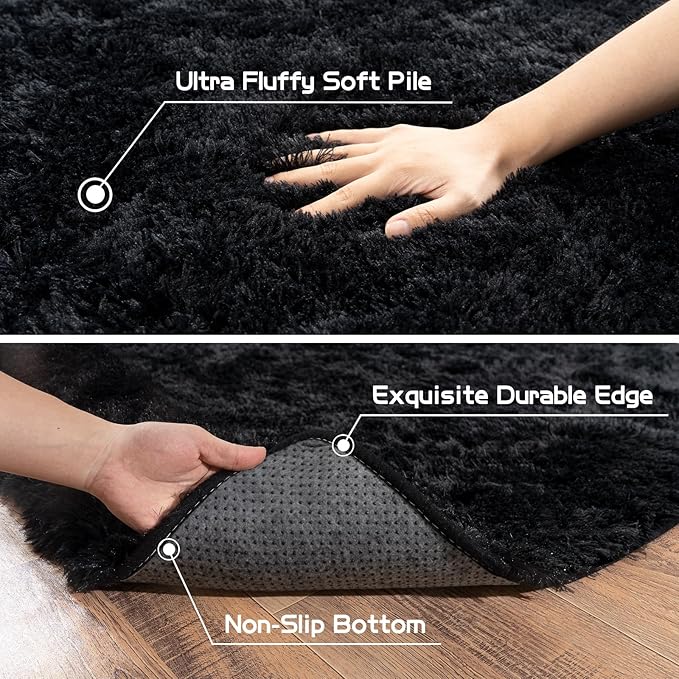 Pionblank Super Fluffy Area Rug for Living Room 5x7 Feet, Modern Indoor Shaggy Carpet, Soft Plush Non Slip Rugs for Bedroom Kids Room Cloakroom Home Decor, Black