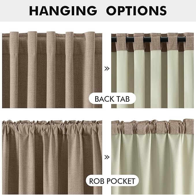 MIULEE 100% Blackout Linen Curtains for Bedroom, Brown Solid Luxury Decor Thermal Insulation Room Darkening Drapes for Living Room Nursery Back Tab Rod Pocket 42 x 90 Inches, 2 Panels