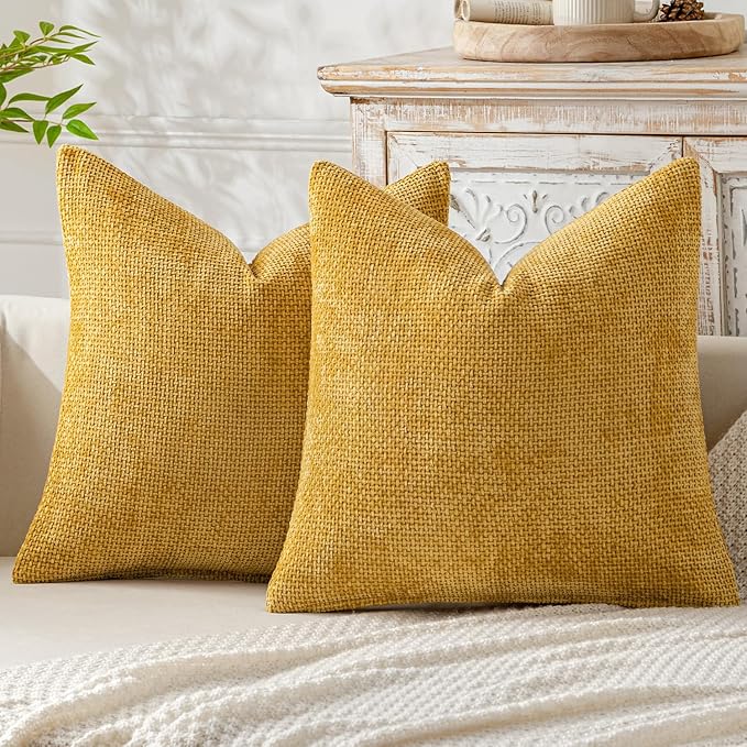 MIULEE Pack of 2 Euro Sham Pillow Covers 24x24 Inch Neutral Gold Modern Boho Accent Decorative Throw Pillow Covers Soft Chenille Farmhouse Cushion Covers for Home Decor Couch Bed Sofa Living Room