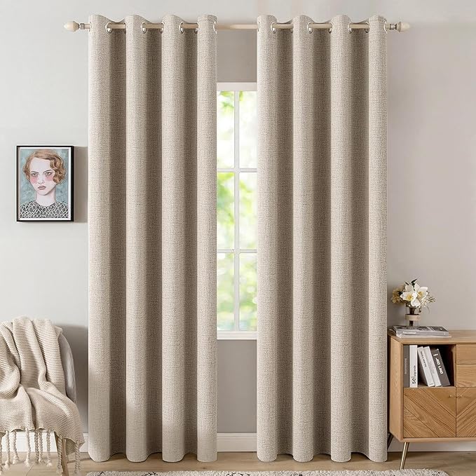 MIULEE 100% Blackout Linen Textured Curtains for Bedroom Solid Thermal Insulated Taupe Grommet Room Darkening Curtains & Drapes Luxury Decor for Living Room Nursery 52 x 108 Inch (2 Panels)