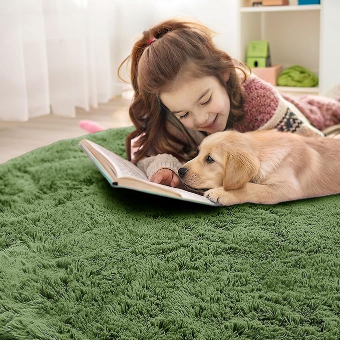 OLANLY Green Round Rugs for Bedroom - Machine Washable, 2 ft Circle Area Rugs for Living Room, Soft and Fluffy Shaggy Carpet for Teen Girl and Boys, Nursery Rooms, Dorms, Home Decor Aesthetic