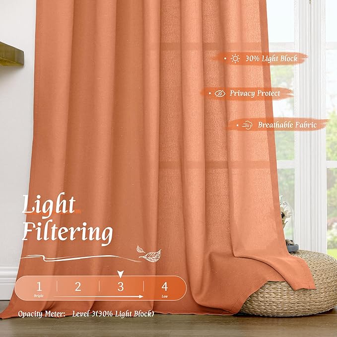LAMIT Terracotta 48 Inch Linen Curtains for Cafe 2 Panels, Linen Textured Light Filtering Panels Rod Pocket Neutral Privacy Drapes for Small Window/Loft Room, 42 x 48 Inch