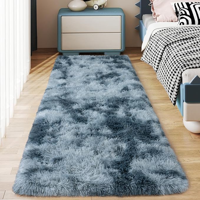 Soft Runner Rugs for Bedroom Hallways, 2x6 Tie-Dyed Blue Grey Fluffy Shag Throw Area Rug Non Slip for Bedside Dorm, Long Shaggy Furry Carpet for Nursery Living Room