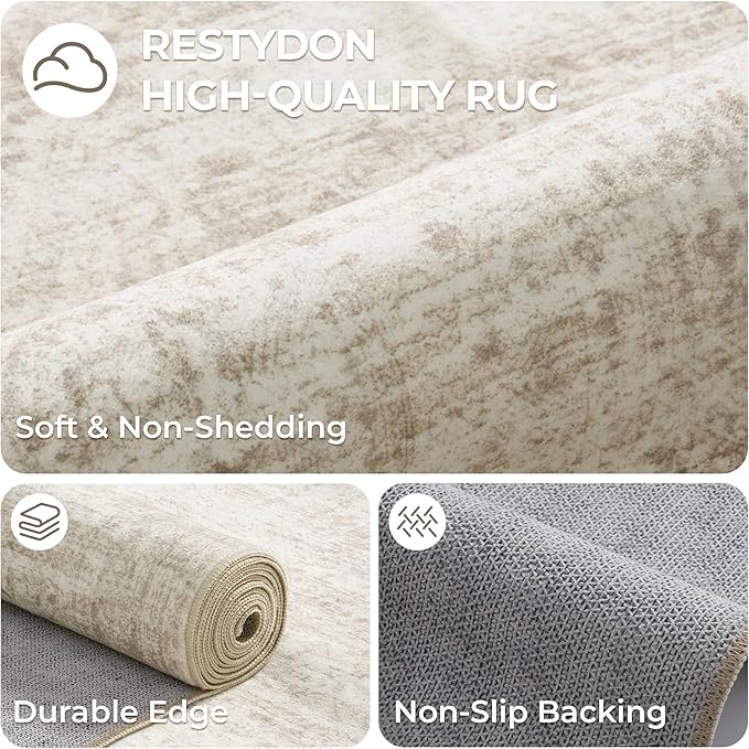 4x12 Runner Rug for Hallway, Low-Pile Wide Runner for Entryway, Long Washable Non-Slip Kitchen Rug, Soft Modern Home Decor Mat for Living, Laundry Room(4'x12', Beige/Ivory)