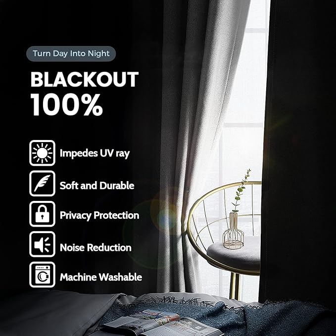 SimpleHome 100% Blackout Curtains for Bedroom,Thermal Insulated Grommet Window Drapes Room Darkening White Curtains for Living Room with Black Back,52 x 96 Inch,2 Panels