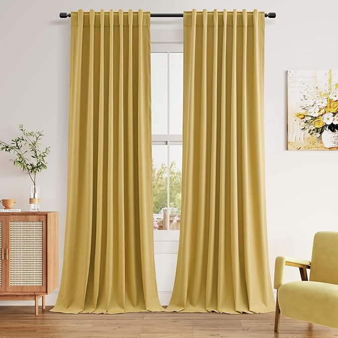 Guken 100% Blackout Curtains 96 Inch Length 2 Panels Set for Living Room Bedroom Back Tab Thermal Insulated Black Out Linen Drapes Room Darkening Window Curtains 96 Inches Long,Gold