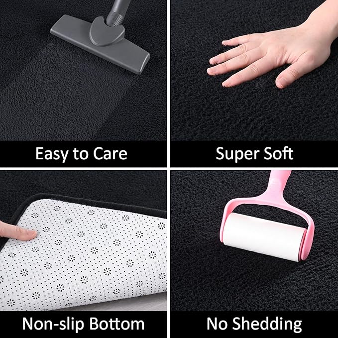 AROGAN Modern Shag Area Rug for Living Room, 6x9 Feet Washable Rugs for Bedroom, Indoor Floor Carpet, Plush Memory Foam Bedside Rugs for Kids Girls Teens Room Low Pile Decor, Black