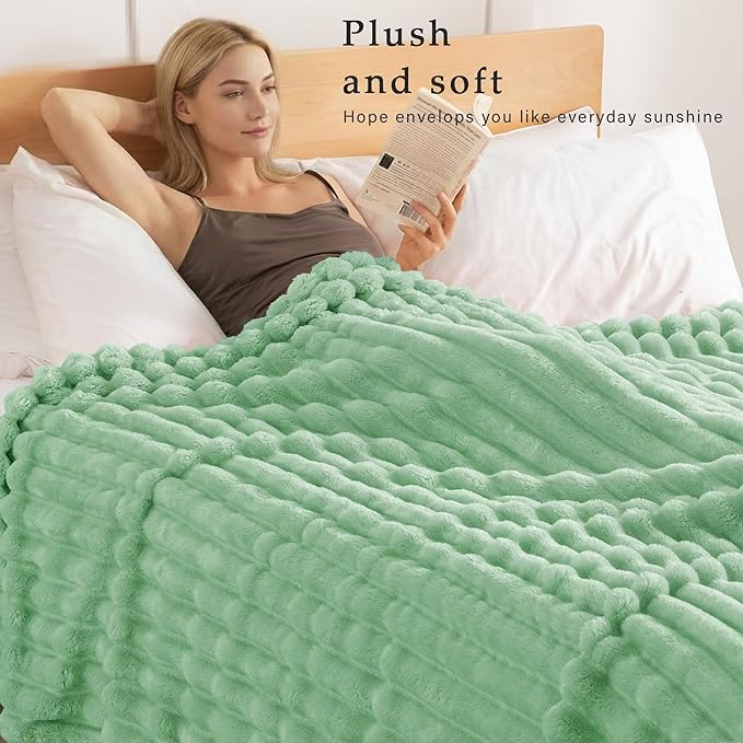 Exclusivo Mezcla Queen Size Flannel Fleece Blanket, Super Soft Striped Jacquard Bed Blanket, Lightweight Fuzzy Cozy for All Seasons, 90x90 Inches, Sage Green