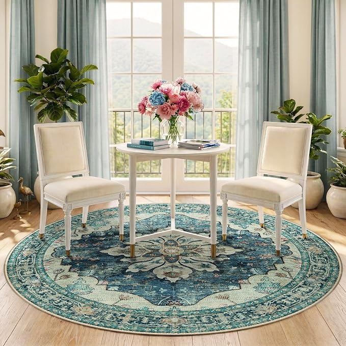 RELEANY Area Rugs 6ft Washable Non-Slip, Floral Vintage Distress Print Pattern Medallion Carpet for Living Room Bedroom Dining Room, Dark Blue Vintage