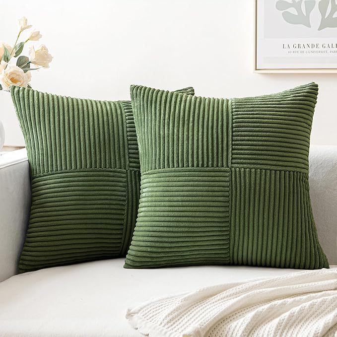 MIULEE Moss Green Decorative Euro Sham Pillow Covers 24x24 Inch for Bed Couch Sofa Spring Decor Pack of 2 Boho Farmhouse Throw Pillows Soft Cross Corduroy Patchwork Textured Cushion Cases