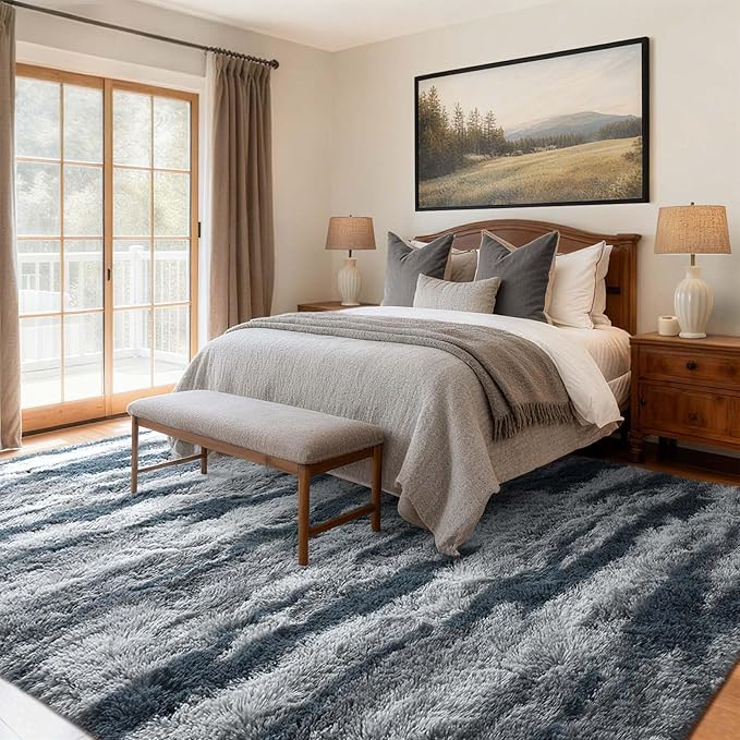 5x7 Ft Large Shag Rugs for Bedroom Living Room for Men Boys, Tie Dyed Ultra Soft Fluffy Furry Area Rug for Indoor Floor, Aesthetic Carpet for Home Decor (Blue)