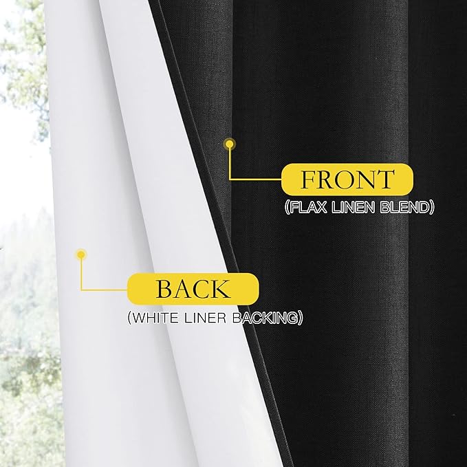 NICETOWN Vintage Open Linen Weave Flax Thermal Curtains, 100% Blackout Curtains 45 inches Long for Dining Room, Soundproof Window Treatment Drapes for Cafe, Black, 52" Wide Per Panel, Set of 2