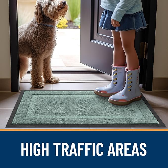 OLANLY Front Door Mat Indoor Outdoor Entrance, Waterproof All-Season, All-Weather Doormat, Sturdy Natural Rubber, Low Profile, Easy Clean Patio Porch Entryway Mat, 47x32, Grayish Green