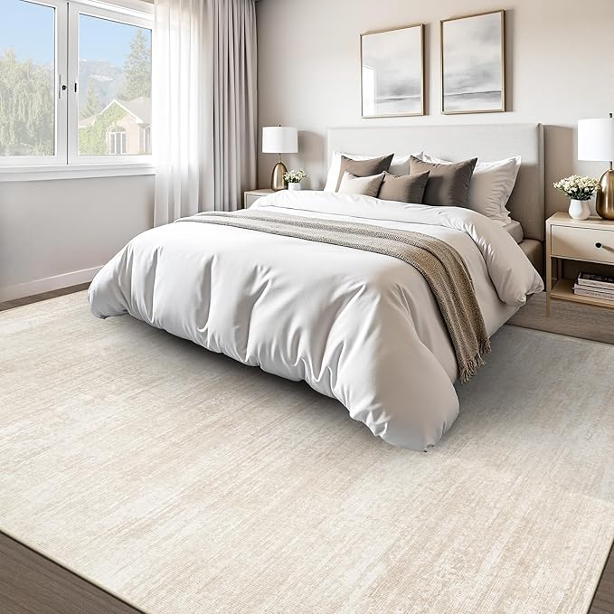 Area Rugs 10x14 Living Room: Washable Rug Modern Abstract Neutral Soft Non-Slip Low-Pile Indoor Large Carpet for Bedroom Dining Room Playroom Home Office (Beige, 10'x14')