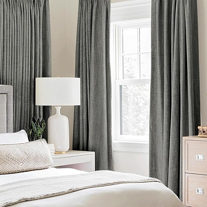 MIULEE Linen Texture Curtains, 2 Pack Dark Grey 52x108 Inch, Blackout, Room Darkening, Grommet, Classic Style, Faux Linen, All Season, Bedroom, Living Room, Nursery