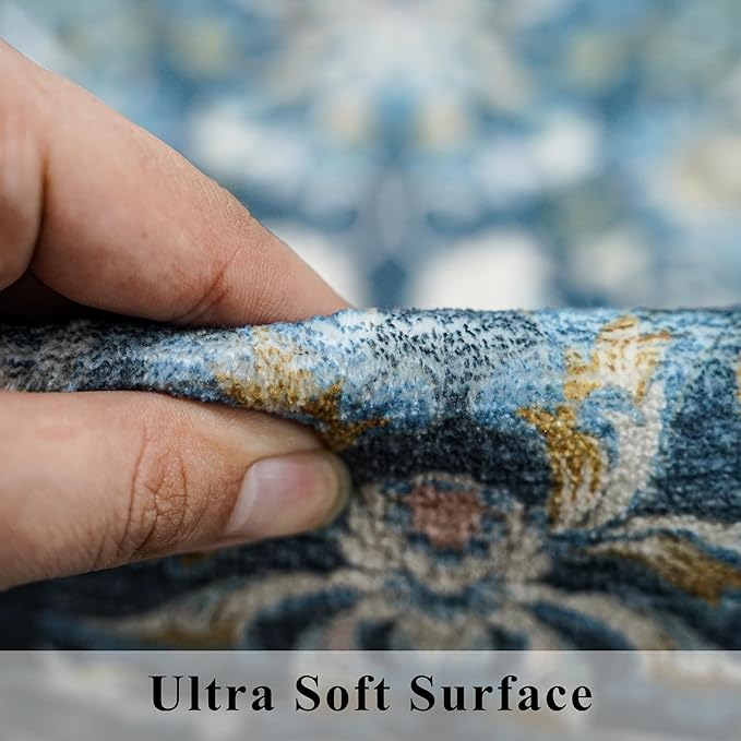 Washable 3x5 Entryway Area Rugs: Ultra Soft Low Pile Carpet for Kitchen Nursery Indoor Light-Weight Doormat Anti-Slip Thin Entry Rug for Living Room Bedroom Small Vintage Floor Mat(3x5,Floral/Blue)