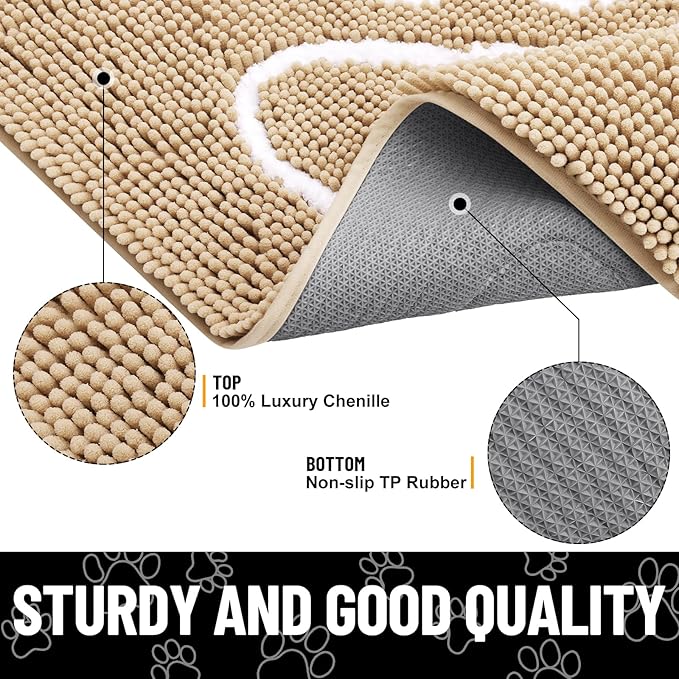 Smiry Dog Door Mat for Muddy Paws, Absorbent Dirt Trapper Non Slip Quick Dry Washable Chenille Mat for Mud Dogs, Entry Rug for Indoor and Outdoor (59x35 Inches, Beige and White)