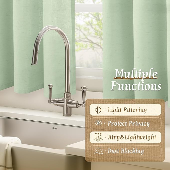 LAMIT Small Window Linen Curtains, 45 Inch Length Light Filtering Faux Linen Textured Neutral Decorative Rod Pocket Drapes for Bedroom, Light Green, 2 Panels Set, 42 X 45 Inch