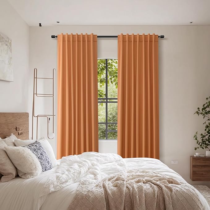 Guken Orange 100% Blackout Linen Curtains 108 Inch Length 2 Panels Set for Living Room Bedroom Back Tab Thermal Insulated Black Out Drapes Room Darkening Farmhouse Window Curtains 52x108