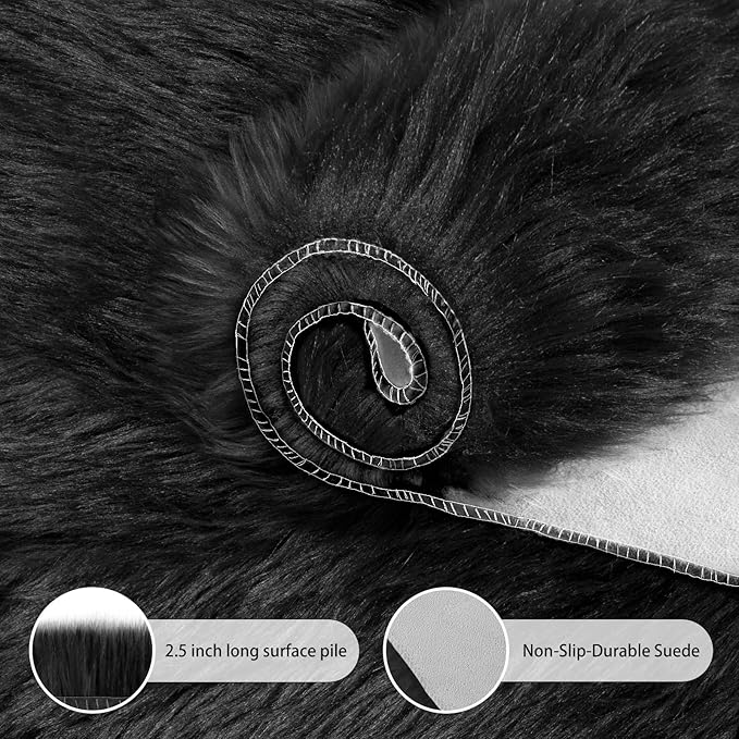 Ciicool Round Fur Fluffy Area Rug for BedroomRound Fur Fluffy Area Rug for Bedroom, Black Faux Fur Rugs Furry Circle Rug