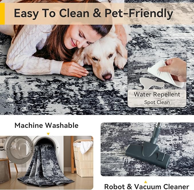 Washable Area Rugs 9'x12' Non-Slip Modern Abstract Soft for Living Room Entryway Bedroom Nursery, Print Pattern, Black Navy Blue Gray