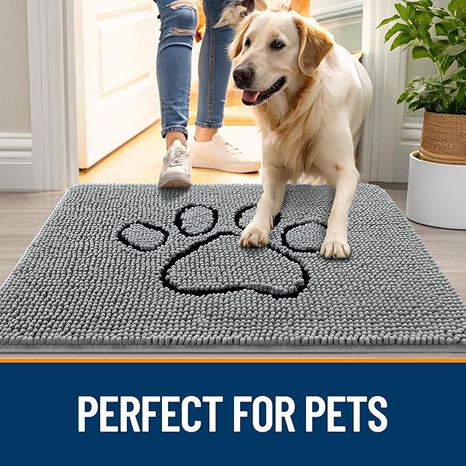 OLANLY Dog Door Mat for Muddy Paws 70x46, Paw Print Design, Absorbs Moisture and Dirt, Absorbent Non-Slip Washable Doormat, Quick Dry Chenille Mud Mat for Dogs, Entry Indoor Entryway Carpet, Grey