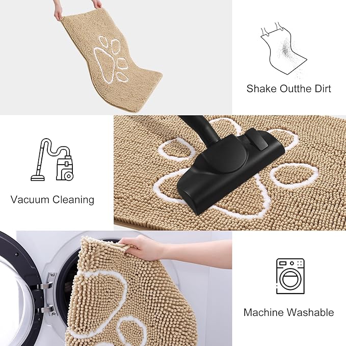 Smiry Dog Door Mat for Muddy Paws, Absorbent Dirt Trapper Non Slip Quick Dry Washable Chenille Mat for Mud Dogs, Entry Rug for Indoor and Outdoor (59x35 Inches, Beige and White)