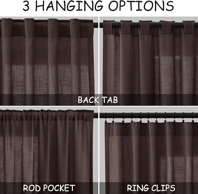 Nanspring Coffee Linen Curtains for Living Room Back Tab Light Filtering Privacy Semi Sheer Drapes Modern Farmhouse Decor Linen Textured Gauze Curtain for Bathroom Bedroom 2 Panels Set 52x72