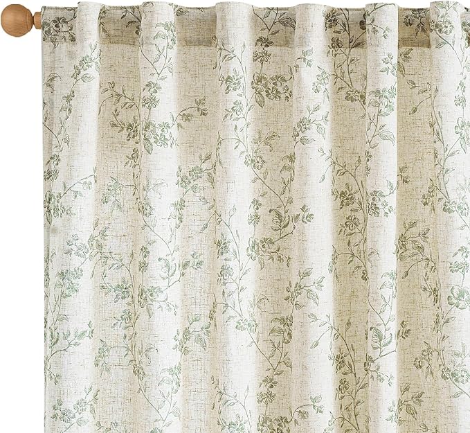 Lazzzy Green Floral Curtains 84 Inch Length Linen Farmhouse Curtain Back Tab Drapes for Living Room Bedroom Light Filtering Vintage Rod Pocket Curtains, 2 Panels, Green on Beige
