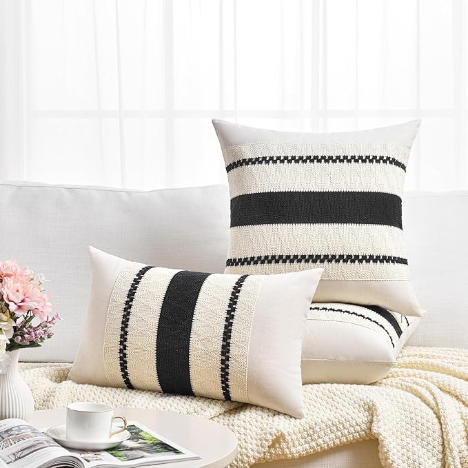 Fancy Homi Set of 1 Boho Black Euro Decorative Throw Pillow Cover 26x26 Inch for Couch Bed Bedroom, Aesthetic Modern Organic Farmhouse Room Decor, Soft Cotton Accent Macrame Woven Cushion Case