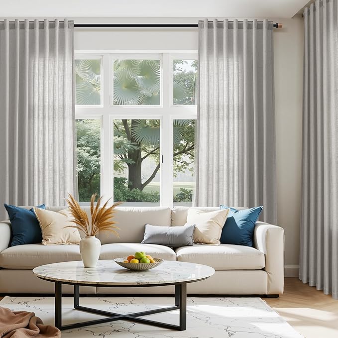 Nanspring Light Gray Linen Curtains 90 Inches Long for Living Room Simple Modern Farmhouse Linen Coastal Decor Back Tab Rod Pocket Light Filtering Semi Sheer Grey Curtain for Bedroom 52x90, 2 Panels