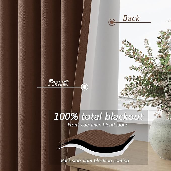 Guken 100% Blackout Curtains 102 Inch Length 2 Panels Set for Living Room Bedroom Back Tab Thermal Insulated Black Out Linen Drapes Room Darkening Window Curtains Rustic Brown