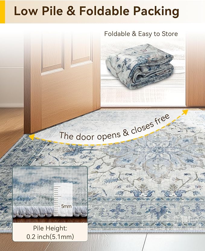 Area Rugs Square 6ft Washable Non-Slip, Floral Vintage Distress Print Pattern Medallion Carpet for Living Room Bedroom Dining Room, Light Blue Navy Beige Gray White