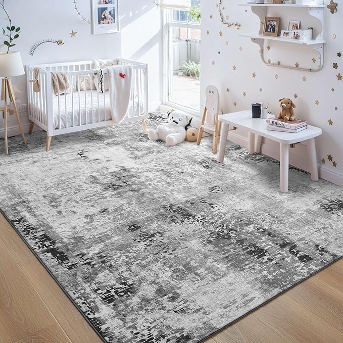Living Room Rug 8x10 Gray Area Rugs Machine Washable Abstract Boho Large Rug Non-Slip Non-Shedding Faux Wool Indoor Vintage Carpet for Bedroom, Classroom, Dining Room, Kids Playroom