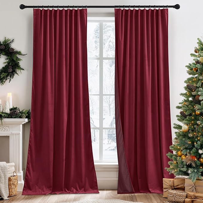 RYB HOME Burgundy Red Velvet Curtains for Christmas Decor, Soft Luxury Backdrops for Studio Theater, Rod Pocket & Back Tab Modern Design for Bedroom Living Room, 52" W x L96 L, 2 Panels Set